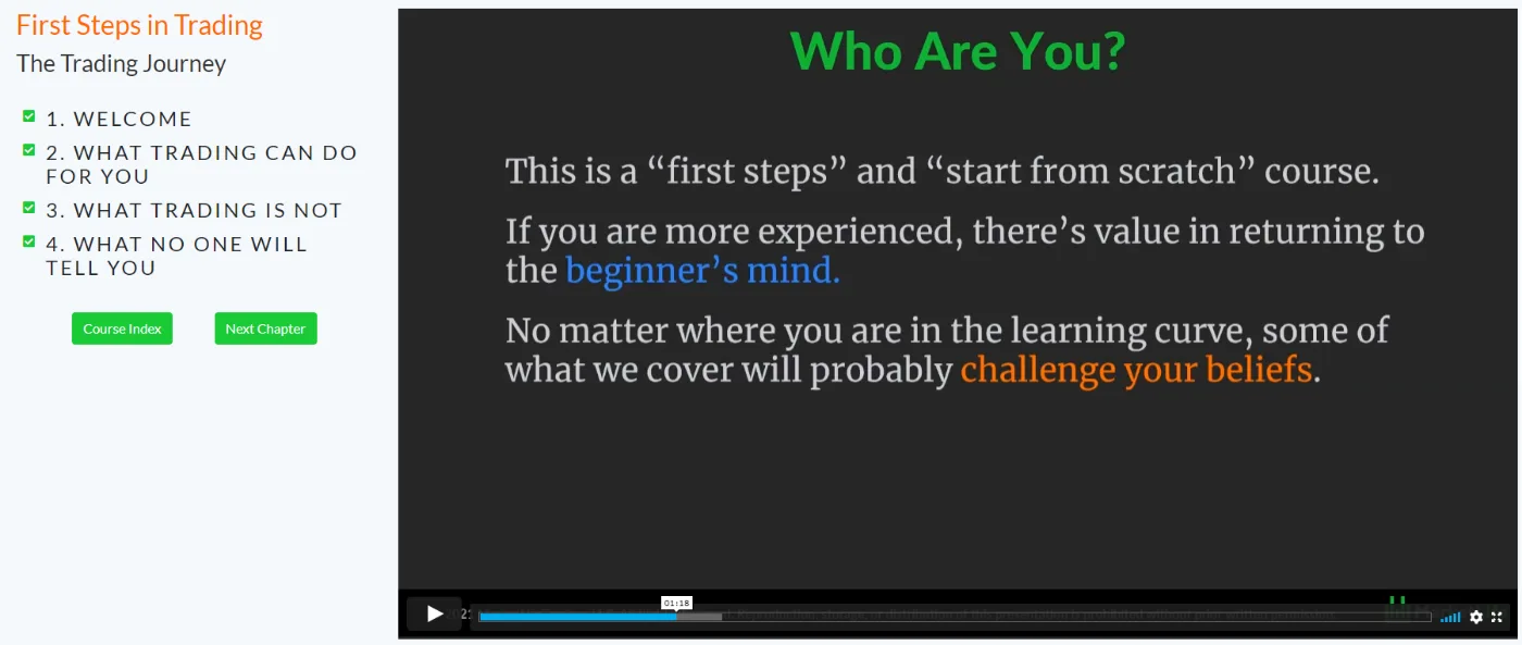 The First Steps course player, showing the chapter list alongside a lesson video